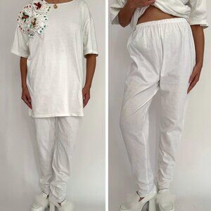 80s vintage white rainbow embellished cotton shirt pants matching two piece set